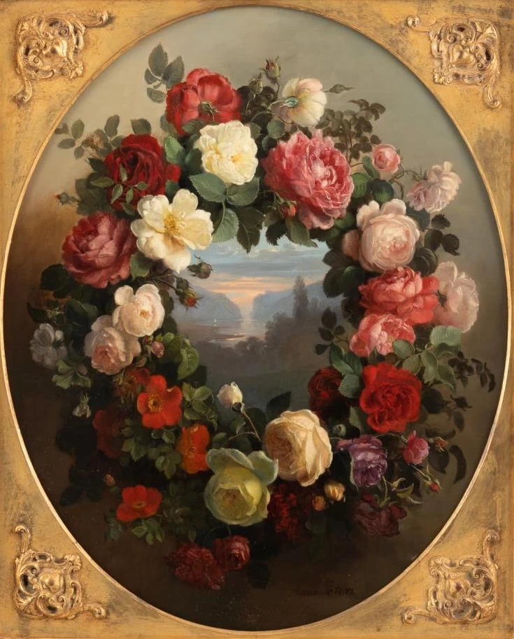 Paesaggio lacustre alla luce della sera in una ghirlanda di fiori